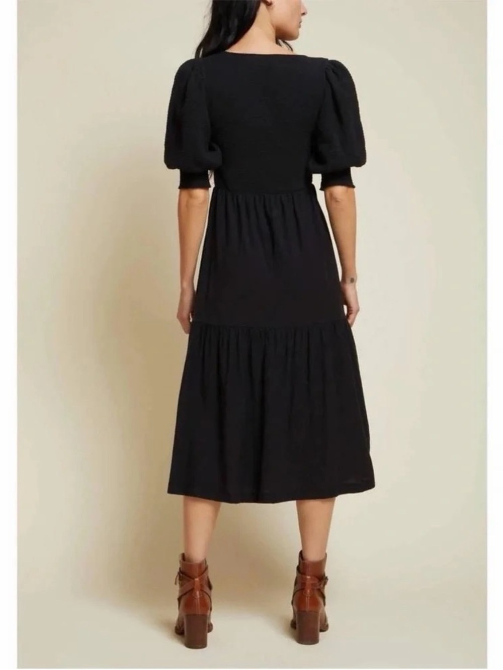 Nation LA Pima Cotton Black Square-Neck Puff Sleeve Midi Dress Small - Picture 2 of 5